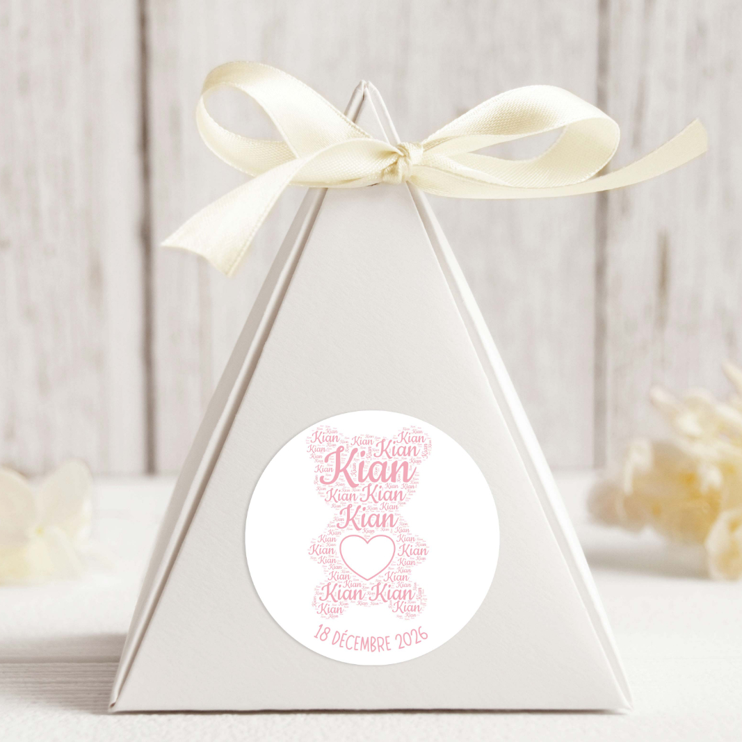 Nounours Autocollant, Rond, Couleur Rose BB, 3 Formats, 3 Quantités.