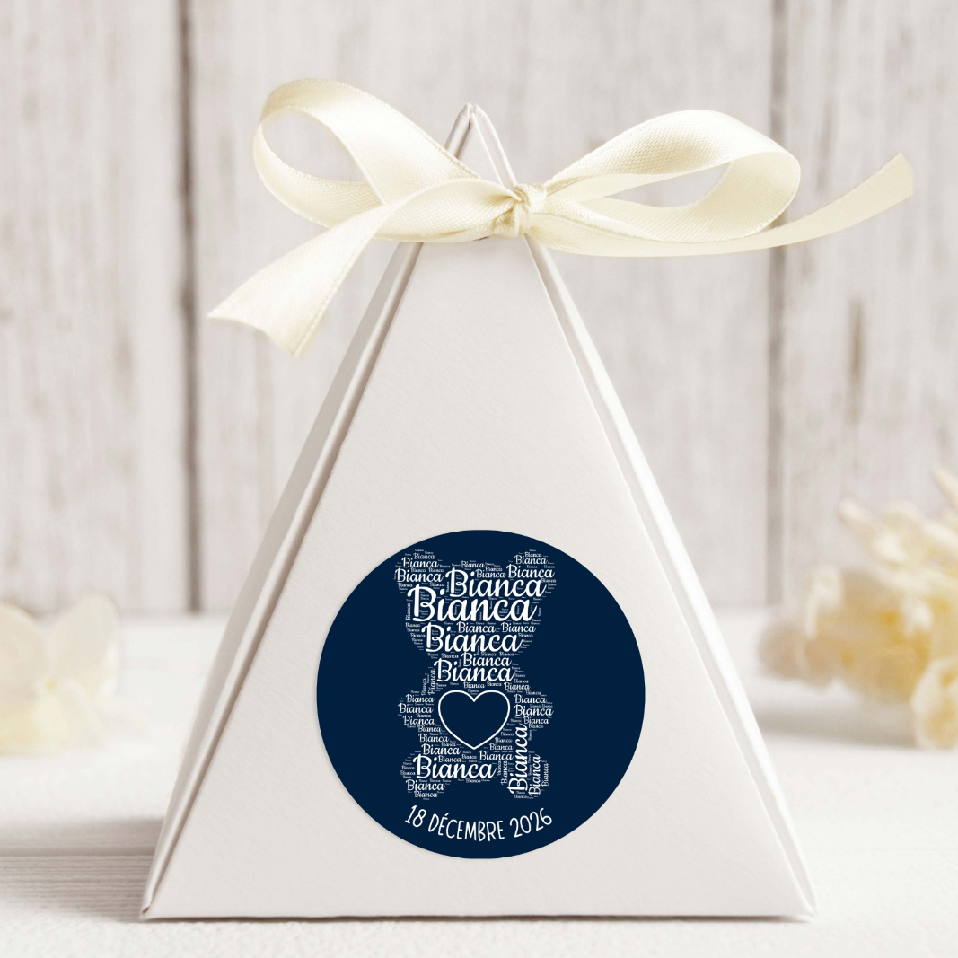 Nounours Autocollant, Rond, Police blanc , 3 Formats, 3 Quantités, Couleur Marine