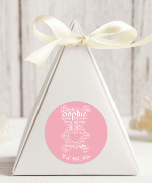 Nounours Autocollant, Rond, Police blanc, 3 Formats, 3 Quantités, Couleur Rose BB.