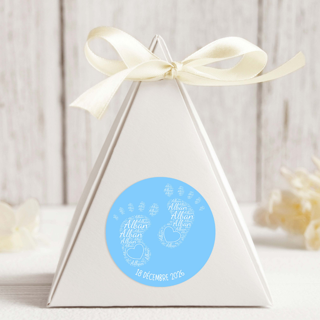 Petit Pieds Autocollant, Rond, Police blanc, 3 Formats, 3 Quantités, Couleur Bleue BB