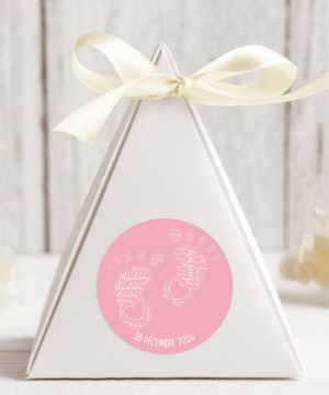 Petit Pieds Autocollant, Rond, Police blanc, 3 Formats, 3 Quantités, Couleur Rose BB