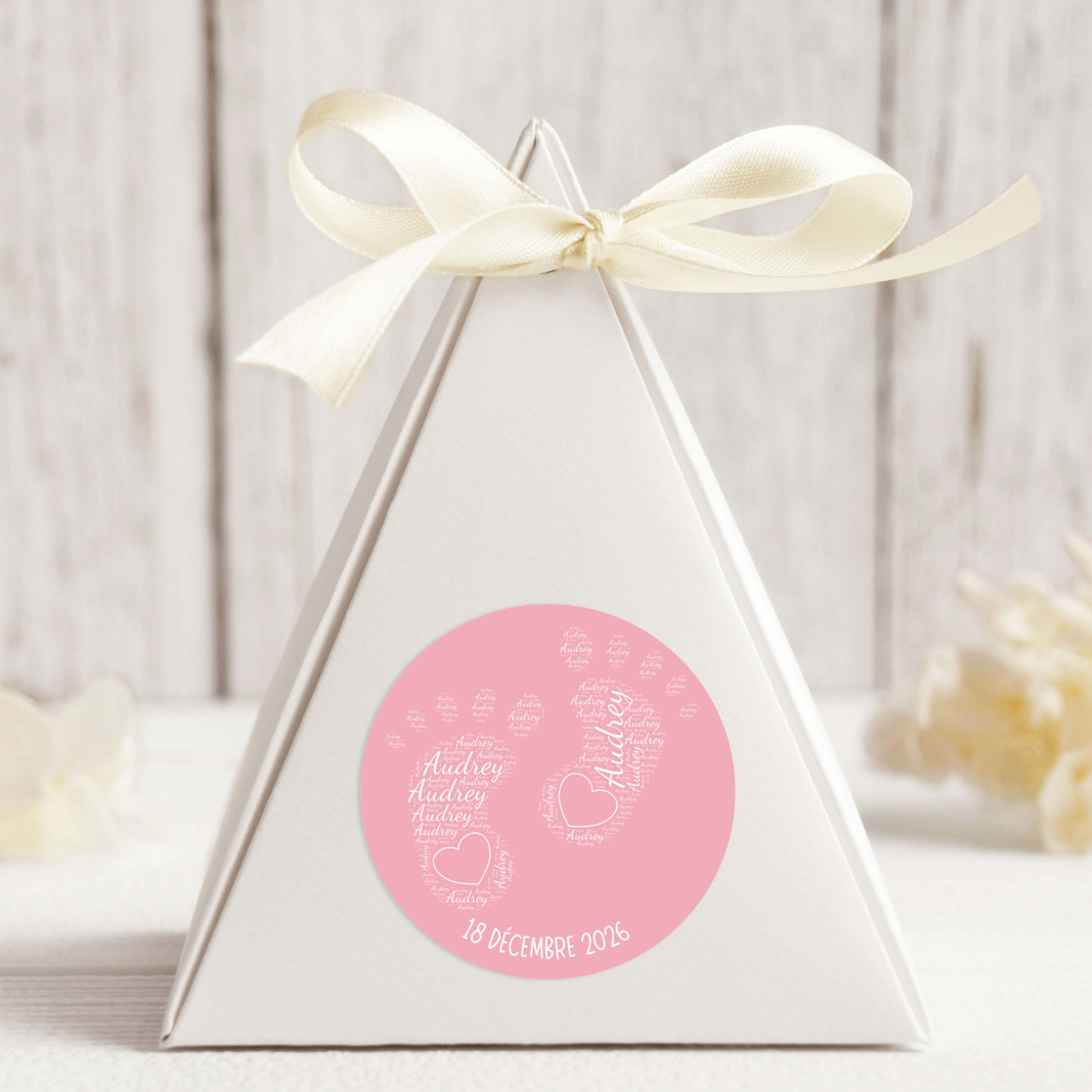 Petit Pieds Autocollant, Rond, Police blanc, 3 Formats, 3 Quantités, Couleur Rose BB