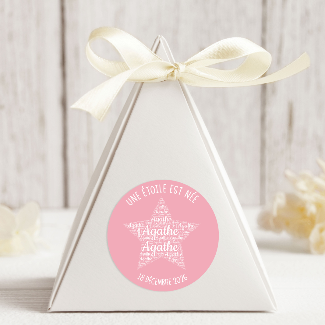Etoile Autocollant, Rond, Police blanc, 3 Formats, 3 Quantités, Couleur Rose BB
